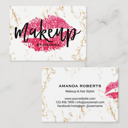 Makeup Artist Red Lips Gold White Marble Salon Visitekaartje (Voorkant / Achterkant)