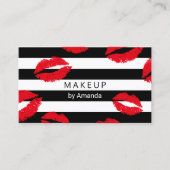 Makeup Artist Red Lips Kisses Modern Stripes Visitekaartje (Voorkant)