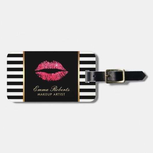 Makeup Artist Red Lips Modern Black White Stripes Bagagelabel (Voorkant horizontaal)