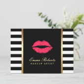 Makeup Artist Red Lips Modern Black White Stripes Kaart (Staand voorkant)