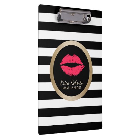Makeup Artist Red Lips Modern Black White Stripes Klembord (Rechts)