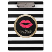 Makeup Artist Red Lips Modern Black White Stripes Klembord (Voorkant)