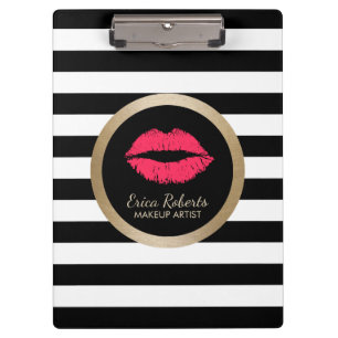 Makeup Artist Red Lips Modern Black White Stripes Klembord