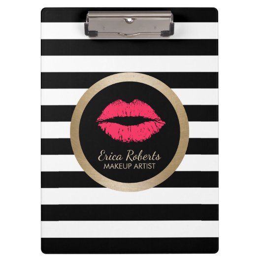 Makeup Artist Red Lips Modern Black White Stripes Klembord (Voorkant)