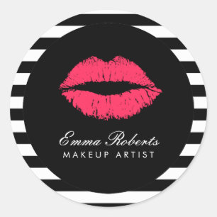 Makeup Artist Red Lips Modern Black White Stripes Ronde Sticker