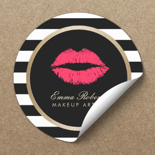 Makeup Artist Red Lips Modern Black White Stripes Ronde Sticker