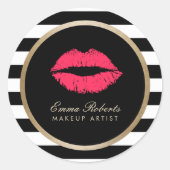 Makeup Artist Red Lips Modern Black White Stripes Ronde Sticker (Voorkant)