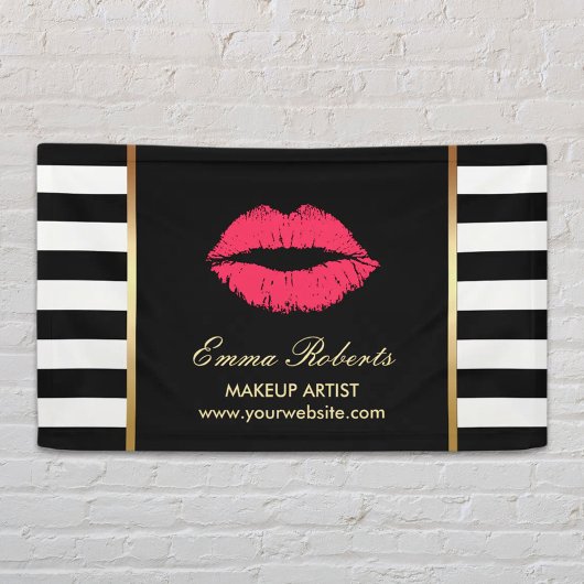 Makeup Artist Red Lips Modern Black White Stripes Spandoek