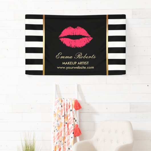 Makeup Artist Red Lips Modern Black White Stripes Spandoek (Insitu)