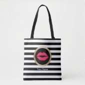 Makeup Artist Red Lips Modern Black White Stripes Tote Bag (Voorkant)