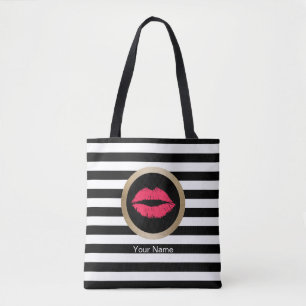 Makeup Artist Red Lips Modern Black White Stripes Tote Bag