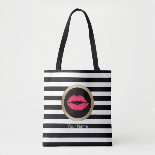Makeup Artist Red Lips Modern Black White Stripes Tote Bag (Voorkant)