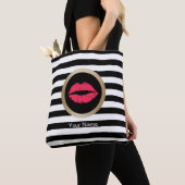 Makeup Artist Red Lips Modern Black White Stripes Tote Bag (Dichtbij)