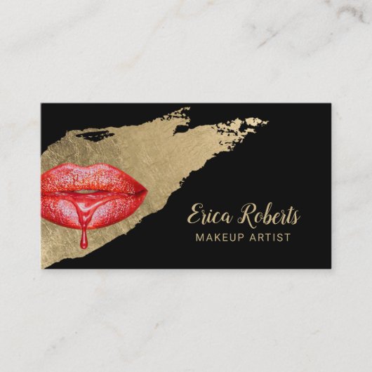 Makeup Artist Red Lips Modern Gold Bruske Stroke Visitekaartje (Voorkant)