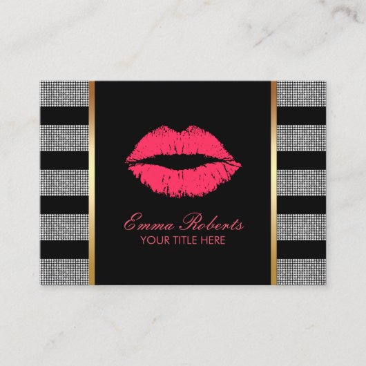 Makeup Artist Red Lips Modern Silver Stripes Visitekaartje (Voorkant)