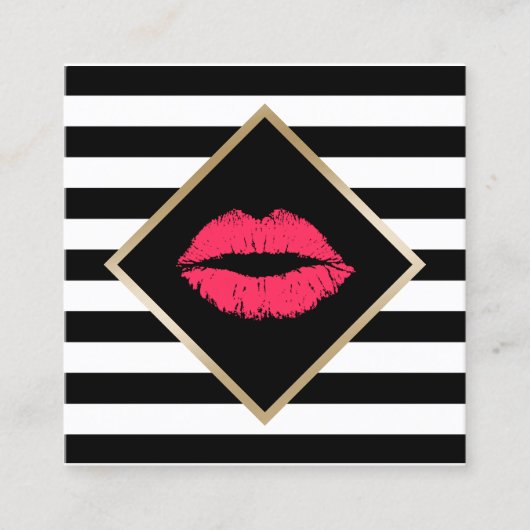 Makeup Artist Red Lips Salon Modern Stripes Uniek Vierkante Visitekaartje (Voorkant)