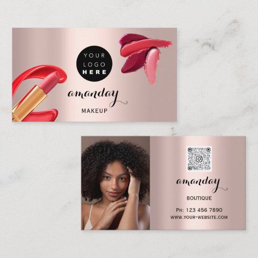 Makeup Artist Red Lipstick, aangepaste foto QR-cod Visitekaartje (Voorkant / Achterkant)