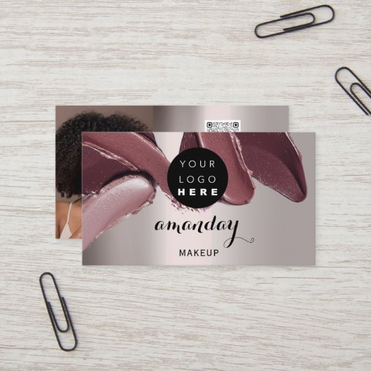 Makeup Artist Red Lipstick Foto QR Code Blush Visitekaartje (Voorkant / Achterkant in situ)