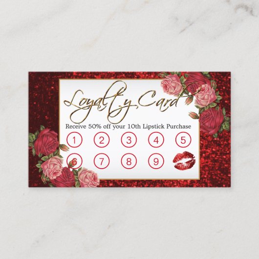 Makeup Artist - Rode glitter en Floral design Klantenkaartje (Voorkant)