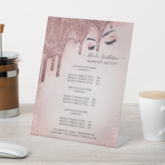 Makeup Artist Roos Gold Glitter Glam Service List Reclamebord Met Voetstuk (Insitu)