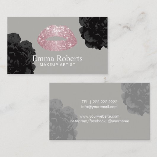 Makeup Artist Roos Gold Glitter Lips Black Floral Visitekaartje (Voorkant / Achterkant)