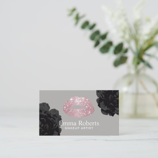 Makeup Artist Roos Gold Glitter Lips Black Floral Visitekaartje (Staand voorkant)