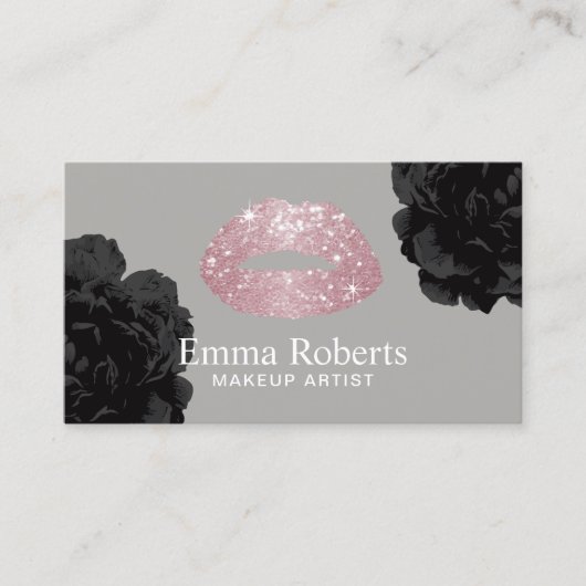 Makeup Artist Roos Gold Glitter Lips Black Floral Visitekaartje (Voorkant)