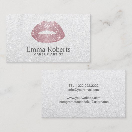 Makeup Artist Roos Gold Lips Elegant White Glitter Visitekaartje (Voorkant / Achterkant)