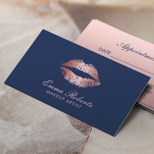 Makeup Artist Roos Gold Lips Navy Blue Salon Afsprakenkaartje