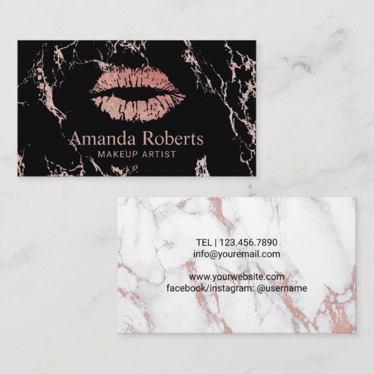 Makeup Artist Roos Gold Lips Trendy Marble Salon Visitekaartje (Voorkant / Achterkant)