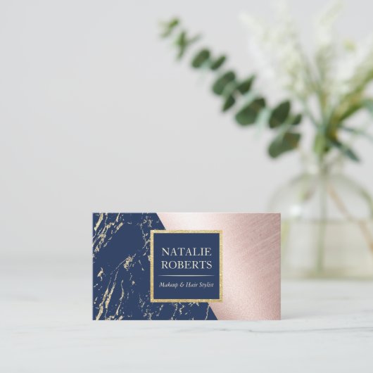 Makeup Artist Roos Gold Navy Marble Hair Salon Visitekaartje (Staand voorkant)