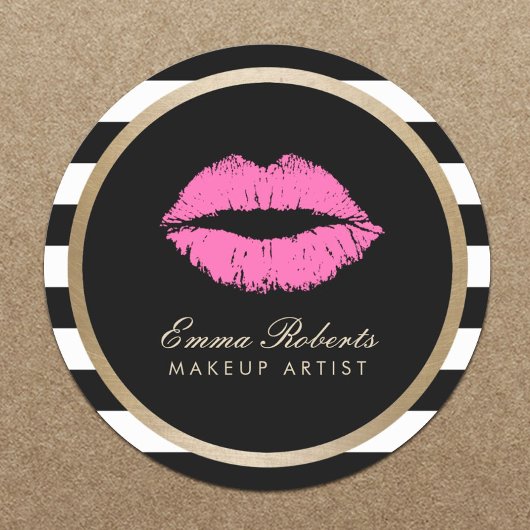 Makeup Artist Roze Lips Modern Black White Stripes Ronde Sticker