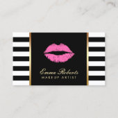 Makeup Artist Roze Lips Modern Black White Stripes Visitekaartje (Voorkant)