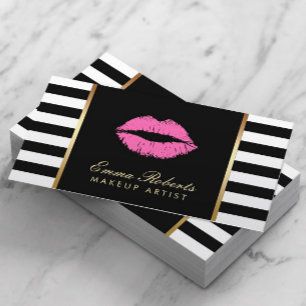 Makeup Artist Roze Lips Modern Black White Stripes Visitekaartje