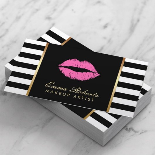 Makeup Artist Roze Lips Modern Black White Stripes Visitekaartje