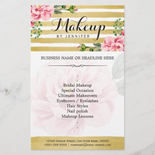Makeup Artist Salon Waterverf Floral Gold Striped Flyer (Voorkant)