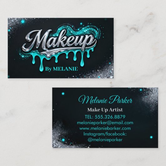 Makeup Artist Teal Silver Drips Trendy Glitter Visitekaartje (Voorkant / Achterkant)