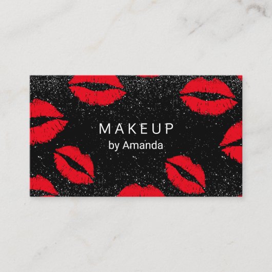 Makeup Artist Trendy Black Glitter Red Lips Salon Visitekaartje (Voorkant)