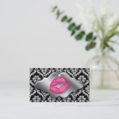 Makeup Artist Visitekaartjes Roze Lips Damask Silv (Staand voorkant)