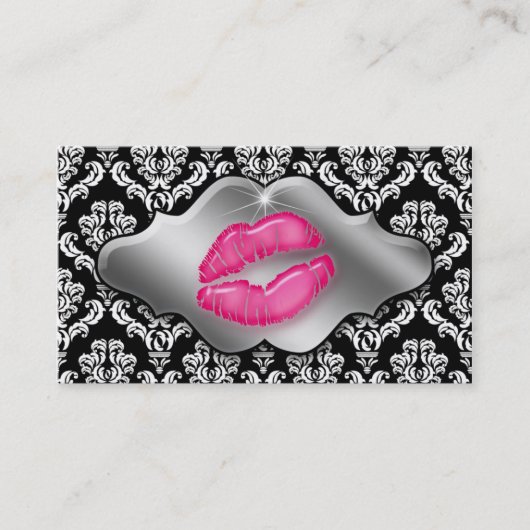 Makeup Artist Visitekaartjes Roze Lips Damask Silv (Voorkant)
