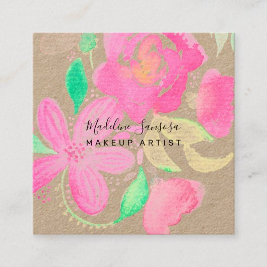 Makeup Artist Waterverf Botanische roze Floral Vierkante Visitekaartje (Voorkant)
