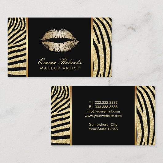 Makeup Artist Zebra Stripes Gold Lips Elegant Visitekaartje (Voorkant / Achterkant)