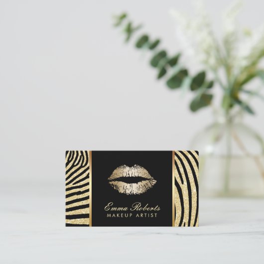 Makeup Artist Zebra Stripes Gold Lips Elegant Visitekaartje (Staand voorkant)
