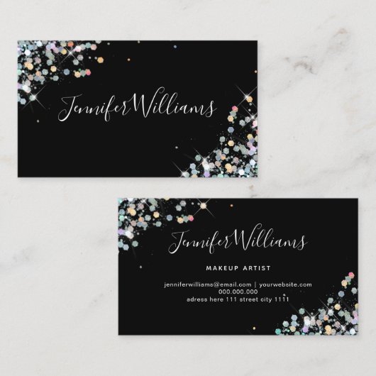 Makeup artistist holografisch glitter modern elan visitekaartje (Voorkant / Achterkant)