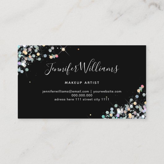 Makeup artistist holografisch glitter modern elan visitekaartje (Achterkant)