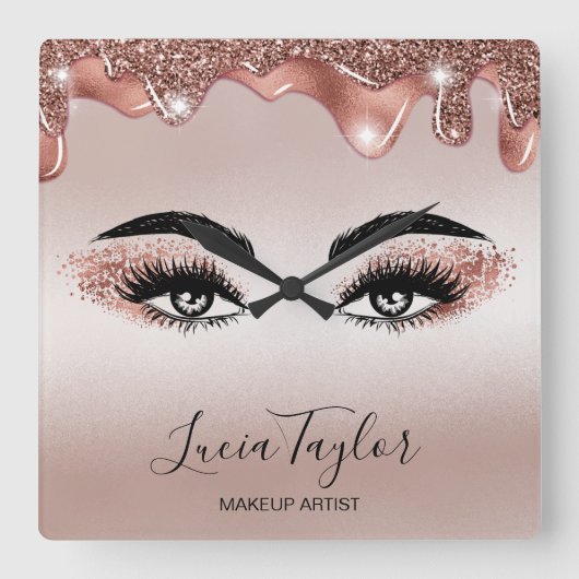 Makeup Beauty Lashes Roos Gold Drivers Glitter Vierkante Klok (Voorkant)