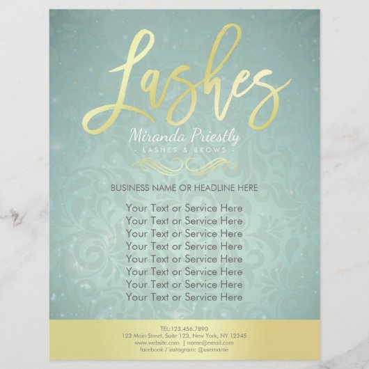 Makeup Beauty Salon Gold en Turquoise Damask Flora Flyer (Voorkant)