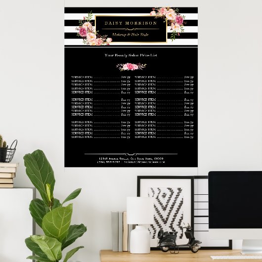 Makeup Beauty Salon Gold Floral Stripes Poster (Thuiskantoor)