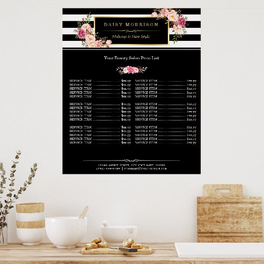 Makeup Beauty Salon Gold Floral Stripes Poster (Keuken)