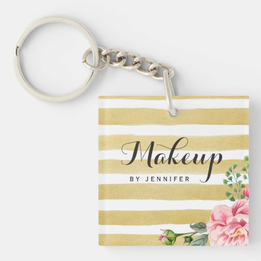 Makeup Beauty Salon Gold Stripes Pink Flower Decor Sleutelhanger (Voorkant)